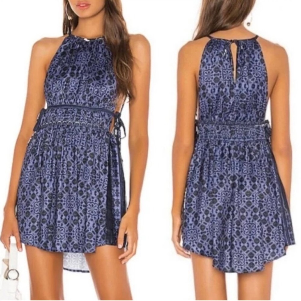 Free People Midsummer Day Boho Festival Mini Dress Halter Side Tie Blue Small